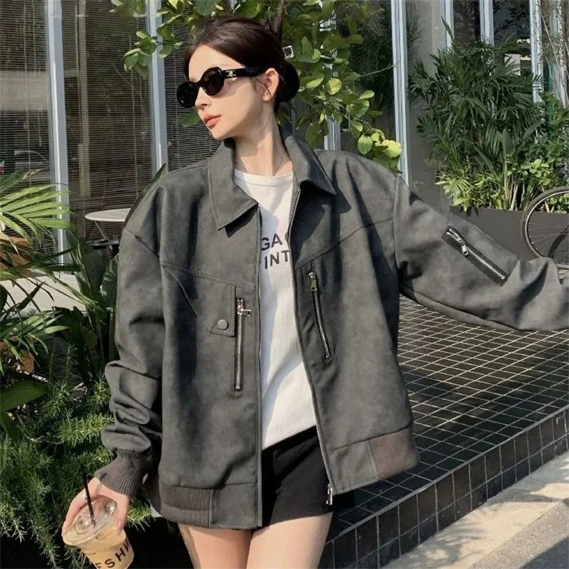 

Новая женская куртка из искусственной кожи весна-осень 2026: Американский ретро-стиль, мотоциклетная куртка, пальто в гонконгском стиле, элегантное пальто-оверсайз