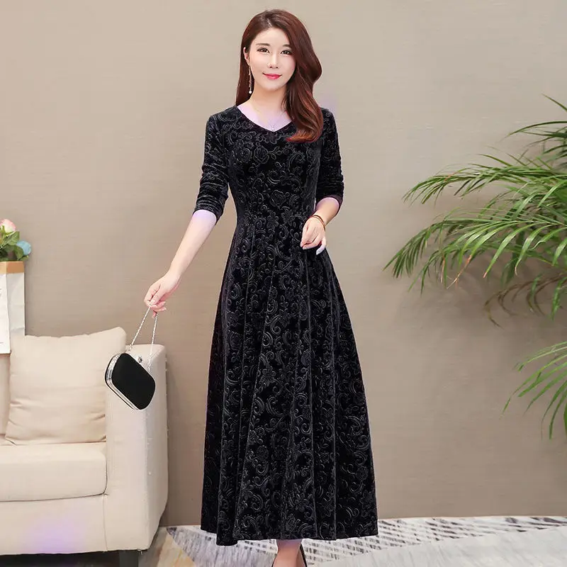 2024 Autumn Winter Velvet Thick Warm Midi Dress Women Long Sleeve Prom Luxury Dresses Lady Y2K Vintage Elegant Pary Long Dress