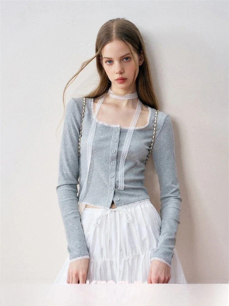 

Kroche Романтический балетный кружевной лоскутный вязаный кардиган с квадратным воротником и текстурой Длинный свек или длина Цвет для поездок на работу Sle