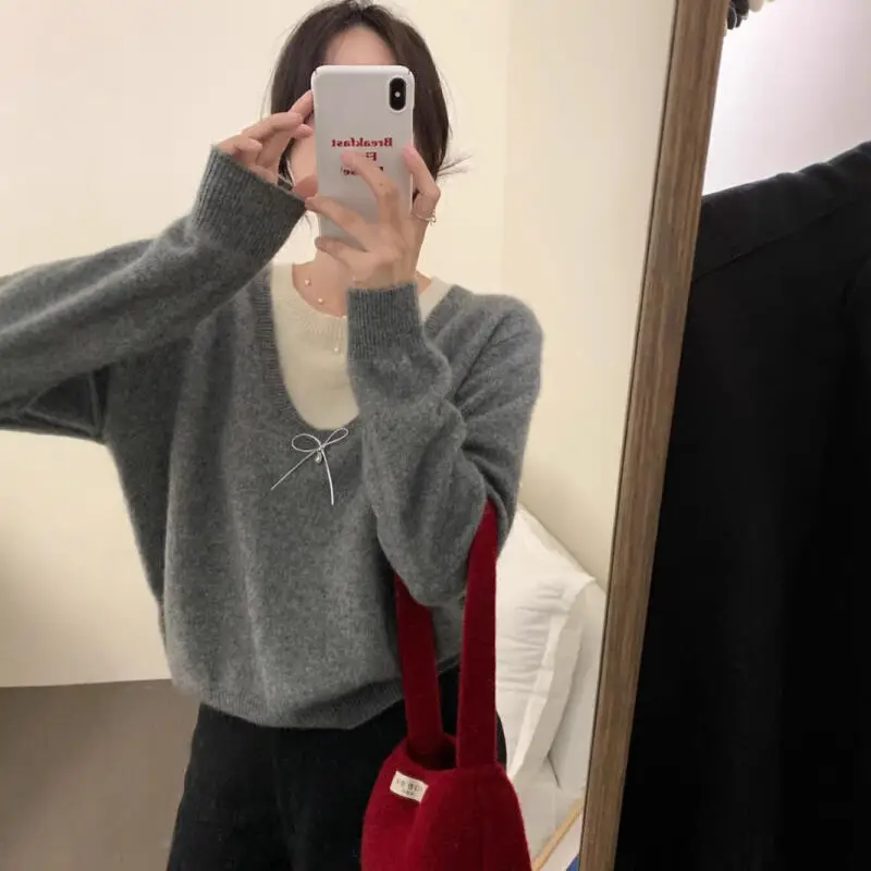 

Поддельный двухсекционный трикотаж, кардиган, пуловер, свитер, топы, женские осенне-зимние повседневные вязаные лоскутные топы с длинными рукавами в пригородном стиле