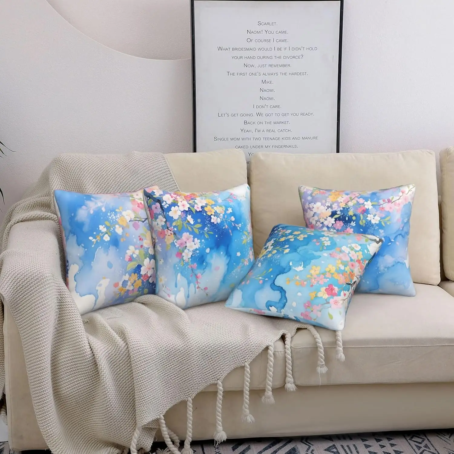 Watercolor Cherry Blossom Pillow Covers – Soft Blue Art 4-Pack Cushion Covers for Sofa, Couch, Indoor, Outdoor Décor
