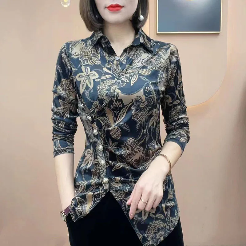 Vintage Printed Button Asymmetrical  Floral Blouse Women Clothing 2022 Autumn New Oversized Casual Tops All-match Commute Shirt