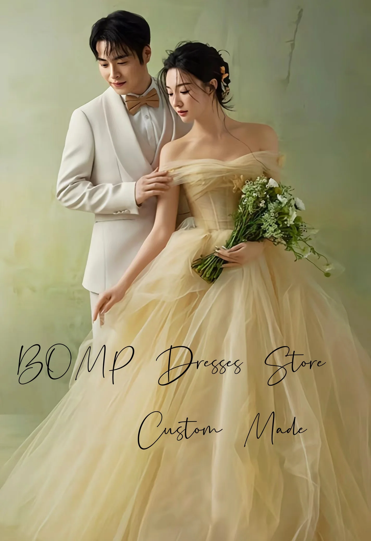 BOMP 공주 노란색 웨딩 드레스 오프 숄더 플리츠 a 라인 바닥 길이 Tulle 한국 사진 촬영 신부 가운 맞춤형 클래식