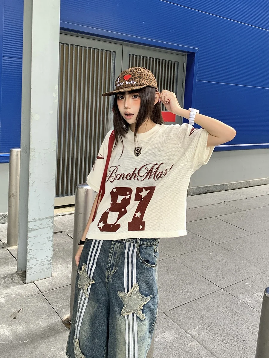 

Summer New Women's round Neck Short Sleeve T-Shirt Mesh American Retro Baseball Style Couple's Fashionable Streetwear Top