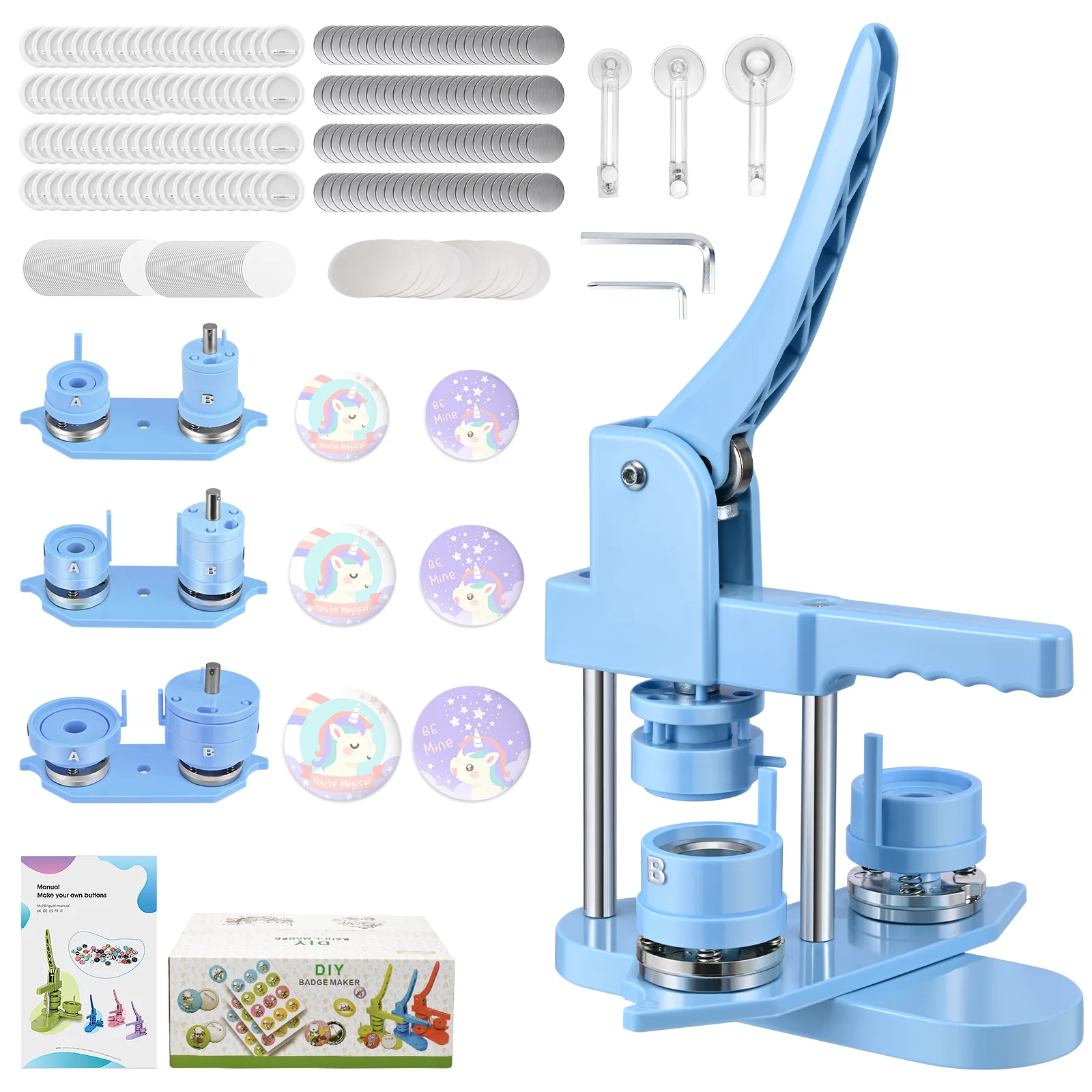 

Badge Pin Button Maker Machine DIY 25/32/58MM Badges Set with 100Pcs Button Parts+Circle Cutter, Badge Press Maker Machine