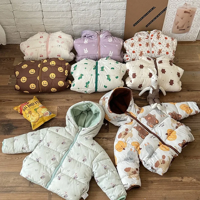 ZOETOPKID Double Sided Kids Winter Coat Cartoon Print Thicken Warm Padded Jacket Fleece Lined Hooded Outerwear for Boys Girls