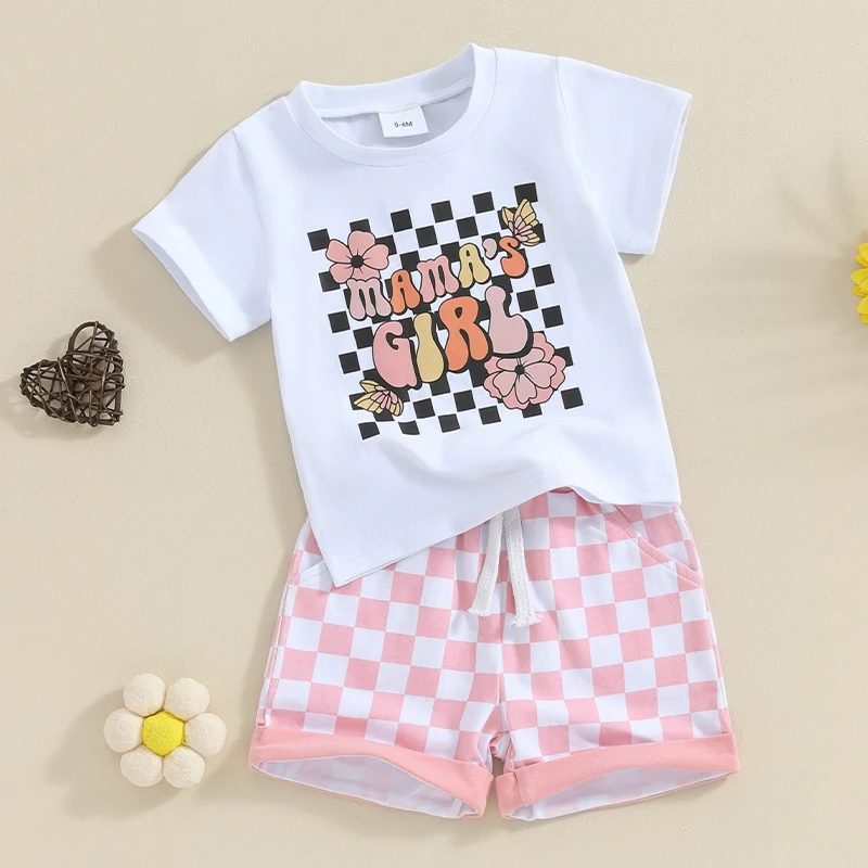 

SUNSIOM 2Pcs Baby Girl Summer Outfits Short Sleeve Letter Print Tops Checkerboard Elastic Waist Shorts Toddler Casual Clothes