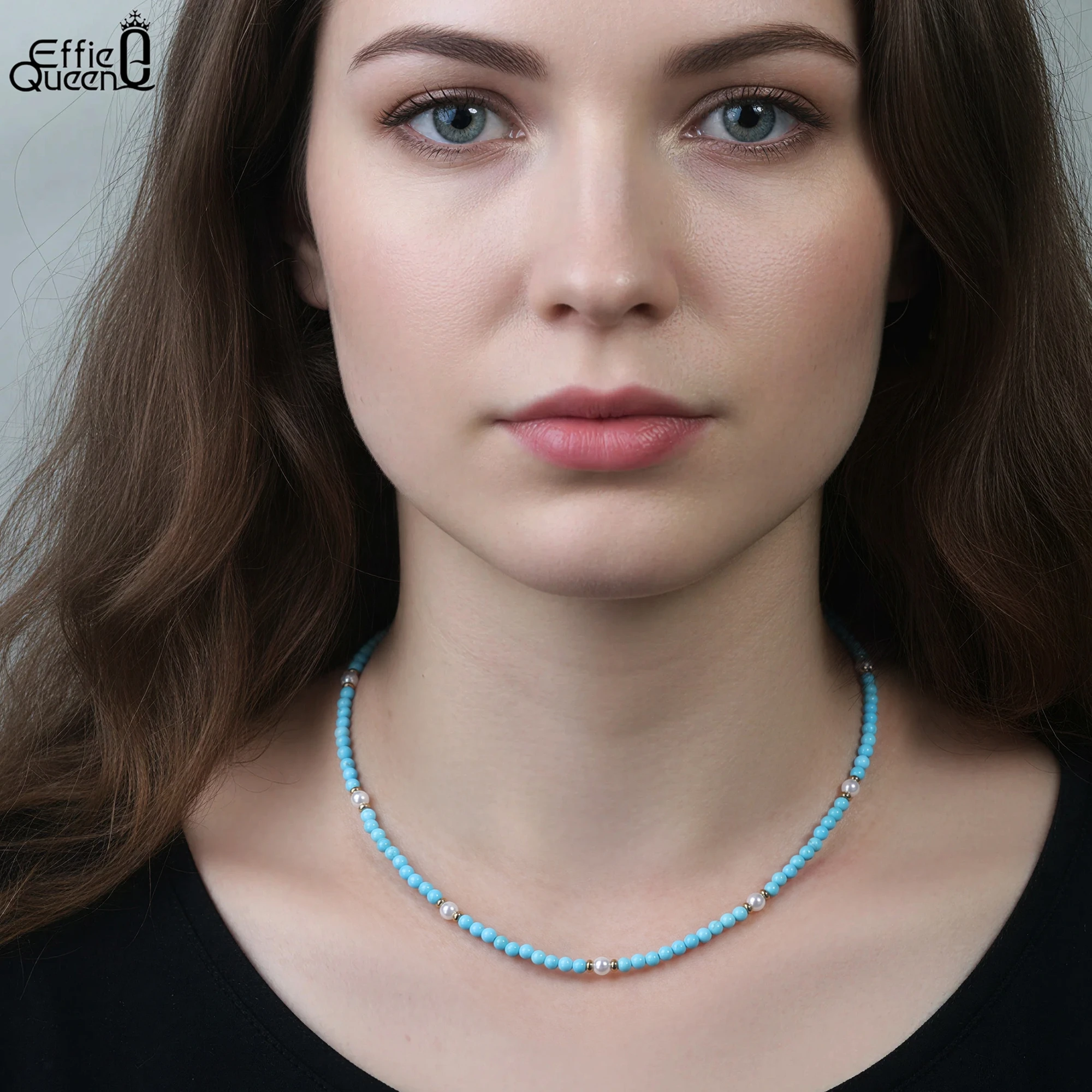 EFFIE QUEEN Stainless Steel 18k Gold Turquoise and Shell Pearl Choker Necklace Natural Jewelry for Women Anniversary Gift STMN06
