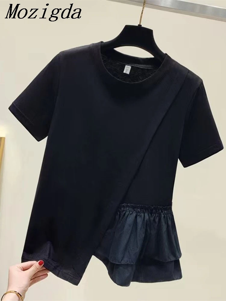 

Summer Short Sleeve Tshirts Women Ruffles Patchwork Asymmetrical Fashion T Shirts High Street Casual All-match Ladies Tops