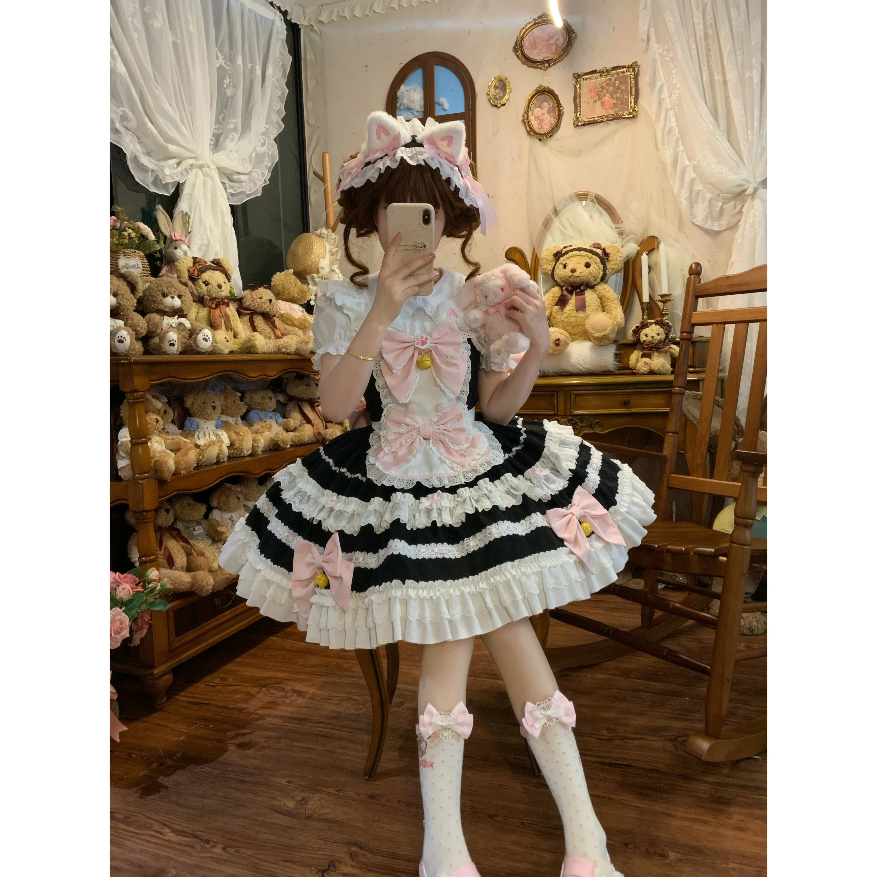 التصميم الأصلي كوس لوليتا فستان بكتافة JSK الفتاة لطيف القوس الكبير بلا أكمام فستان قصير اليابانية اليومية فساتين عيد ميلاد الأميرة #4