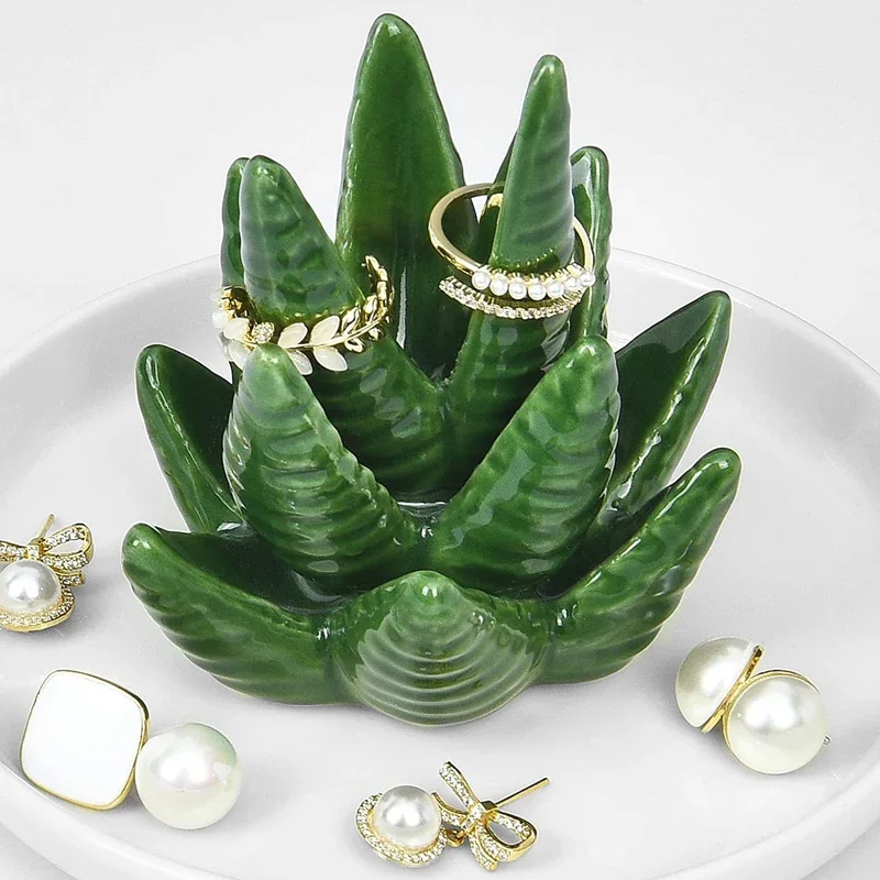 Nordic Ceramic Green Cactus Aloe Ring Jewelry Earring Storage Home Study Office Desk Ornament Crafts Multifunction Jewelry Rack