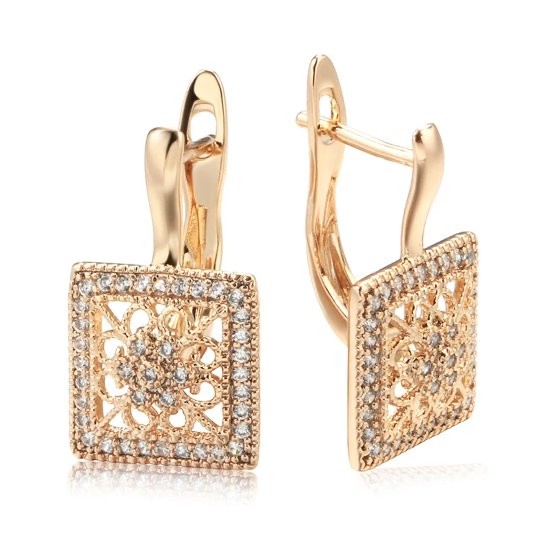 Wbmqda Elegant Square Full Zircon Drop Earrings For Women 585 Rose Gold Color Luxury Ethnic Wedding Jewelry Accessories