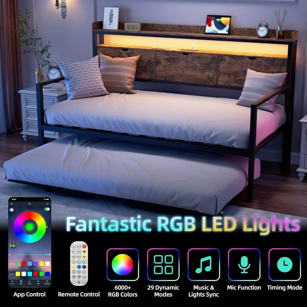 سرير نهاري مزدوج مع دولاب منبثق، سرير نهاري معدني مع قاعدة شحن، أضواء LED ولوح رأسي للتخزين، سرير أريكة مزدوج إلى كينج f #5