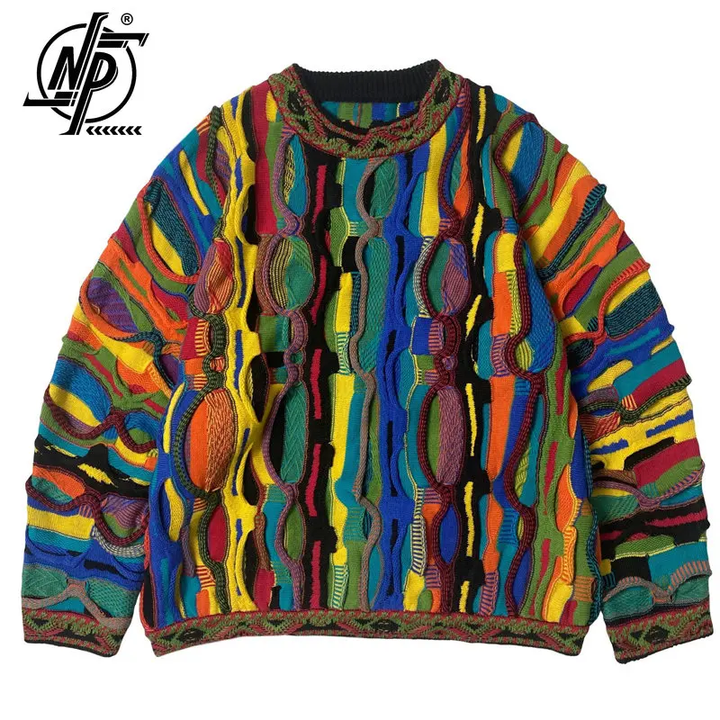 

Kapital Vintage Sweater Men Ethnic Style Fashion Patchwork Multicolour Knitted Pullover Round neck Homme Fall Sweater For Women
