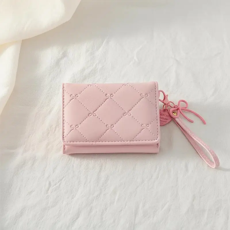 Womens Faux Leather Short Wallet With Bow Quilted Pattern Multiple Card Slots Perfect For Daily Shopping Commute Travel