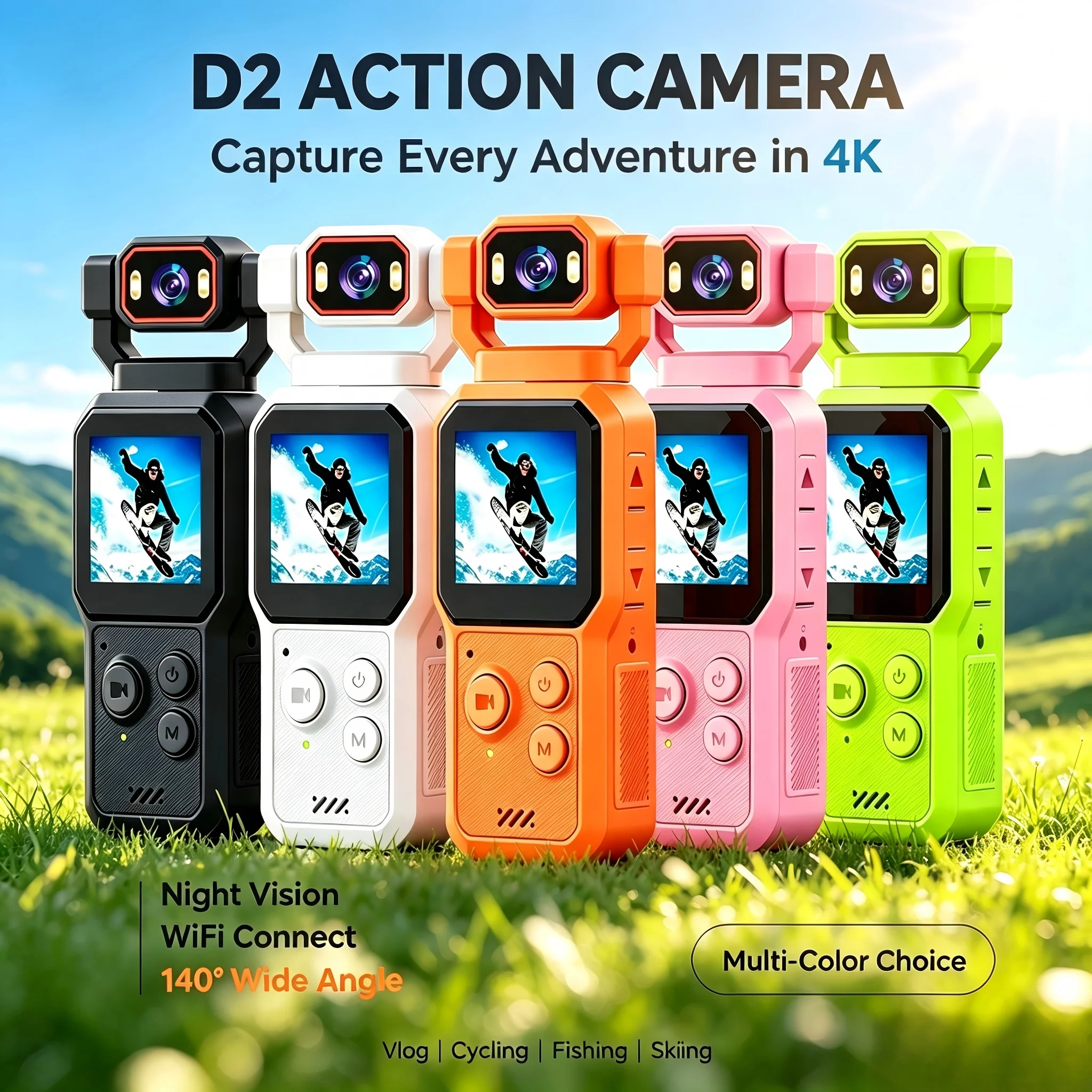 D2 Pocket Vlog Action Camera, 4K HDMini Handheld Cam with Rotatable Lens & NightFill Light, 5 Colors Available for Travel Sports