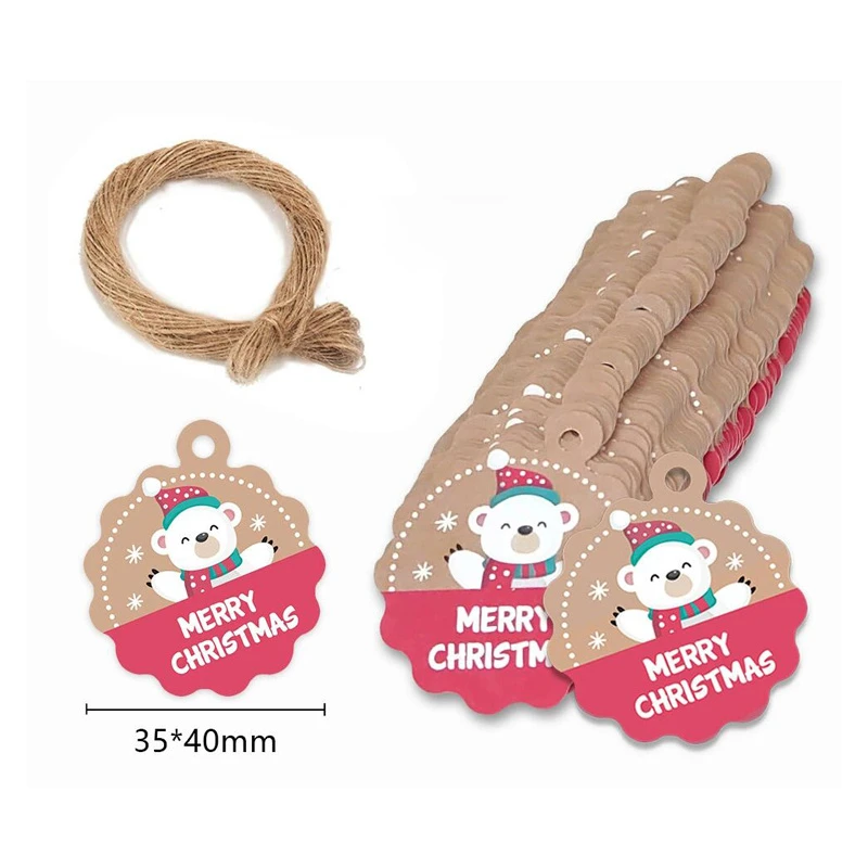 100Pcs Christmas Tag Cartoon Kraft Paper Pendant Card Gift Label with Hanging Rope Merry Christmas Tree Ornament 2023 New Year