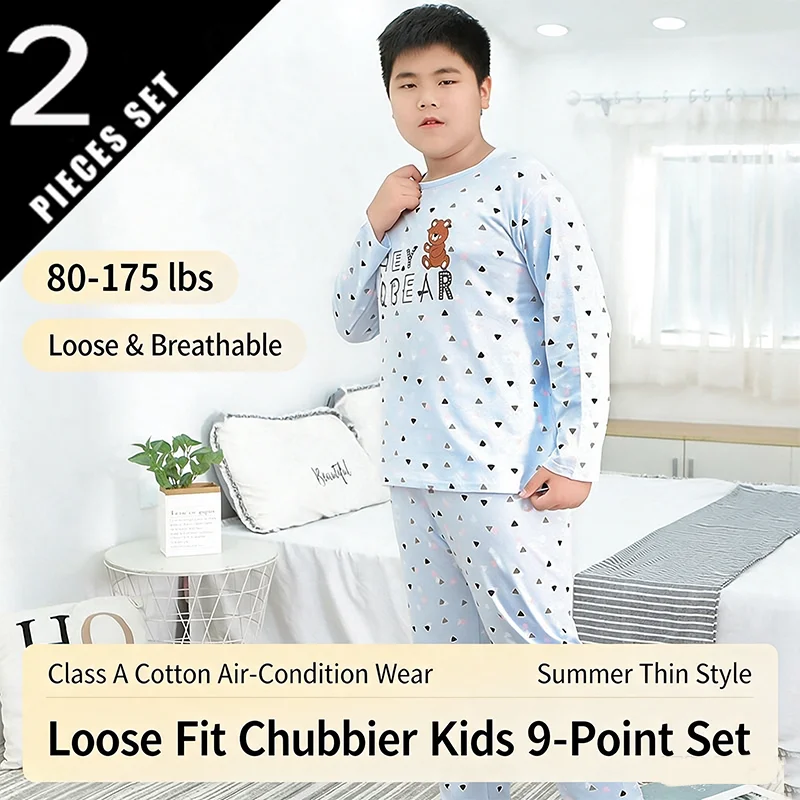 Fat for Children's Pajamas Summer Thin Pure Cotton Fattened Nine-point Set Long-sleeved Big Boys Air Conditioner Baby Loungewear