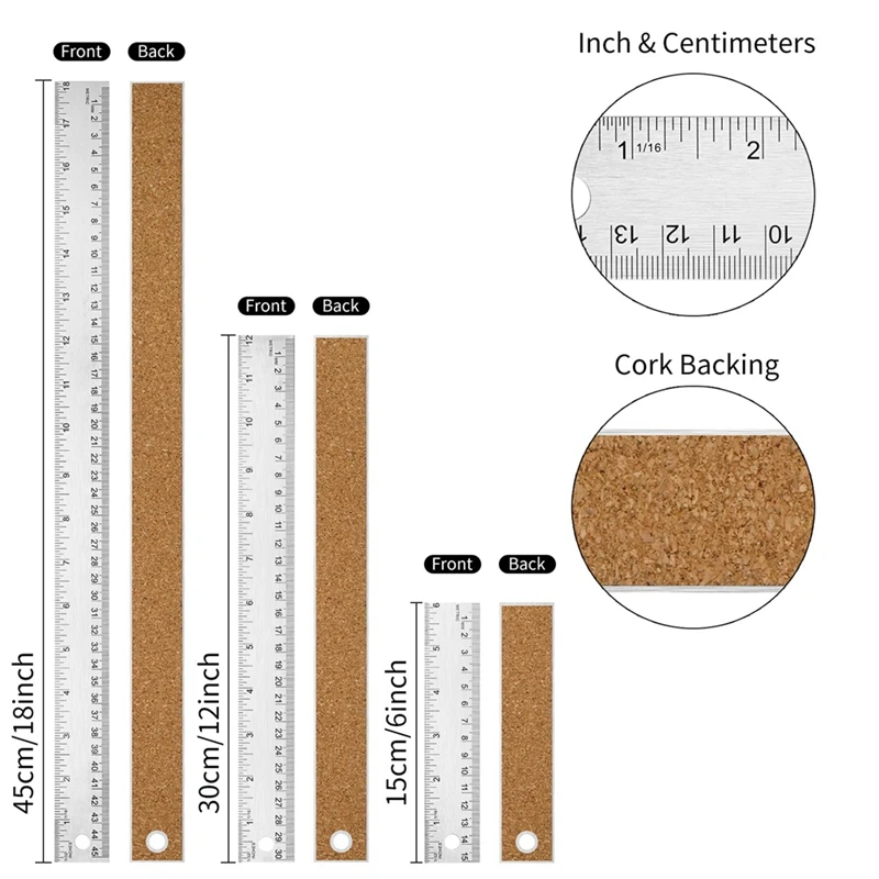 3 Piece Metal Ruler As Shown Metal+Wood 6+12+18 Inch Stainless Steel Rulers - Imperial And Metric For School Office Tools