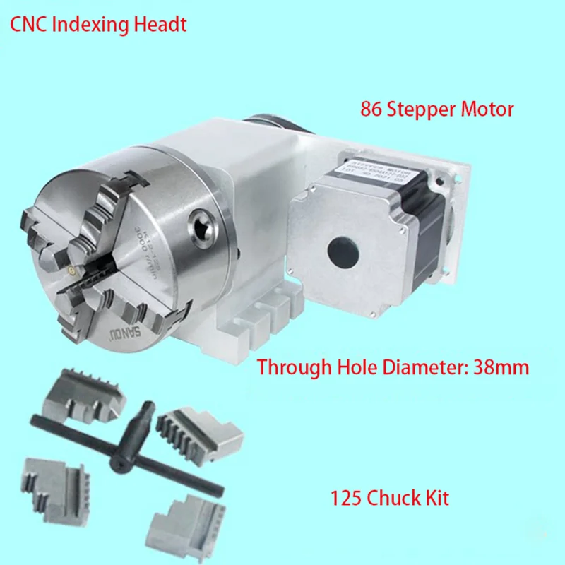 4th Axis CNC Indexing Head Hollow Shaft With 86 Waterproof Stepper Motor 125/130 3/4 Jaw Chuck Kit For CNC Router Engrave