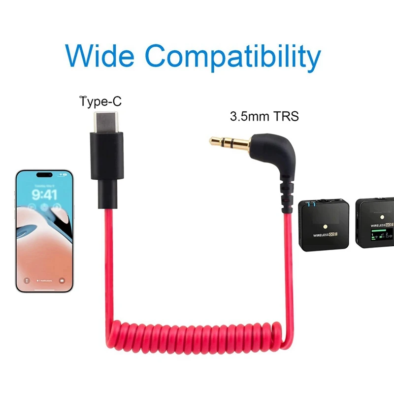 USB C to 3.5mm Cable for RODE Wireless Go II, Coiled Right Angle TRS Male DAC AUX Adapter Audio Cord