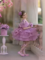 Lilac Flower Girl Dresses Sequin for Wedding Ruffles Knee Length Birthday Party Dress Bow Ribbons Floral First Communion Gowns