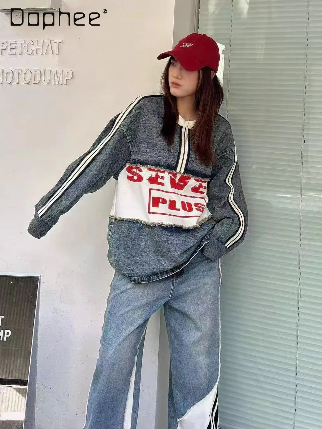 

2026 Spring New European Style Women's Denim Sweatshirt Unique Patchwork White Letter Print Loose Mid-Length Top