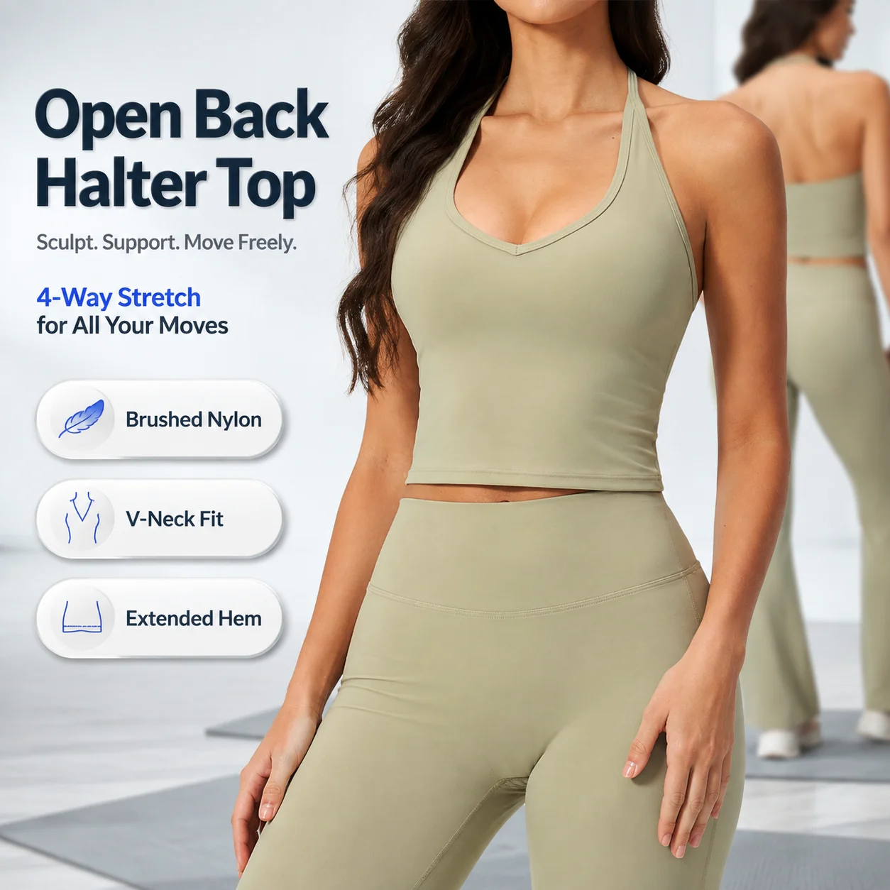 Women's Halter Neck Sports Bra Tank Top 4-Way Stretch Brushed Nylon Workout Crop Top V-Neck Yoga Vest with Adjustable Straps 8 C