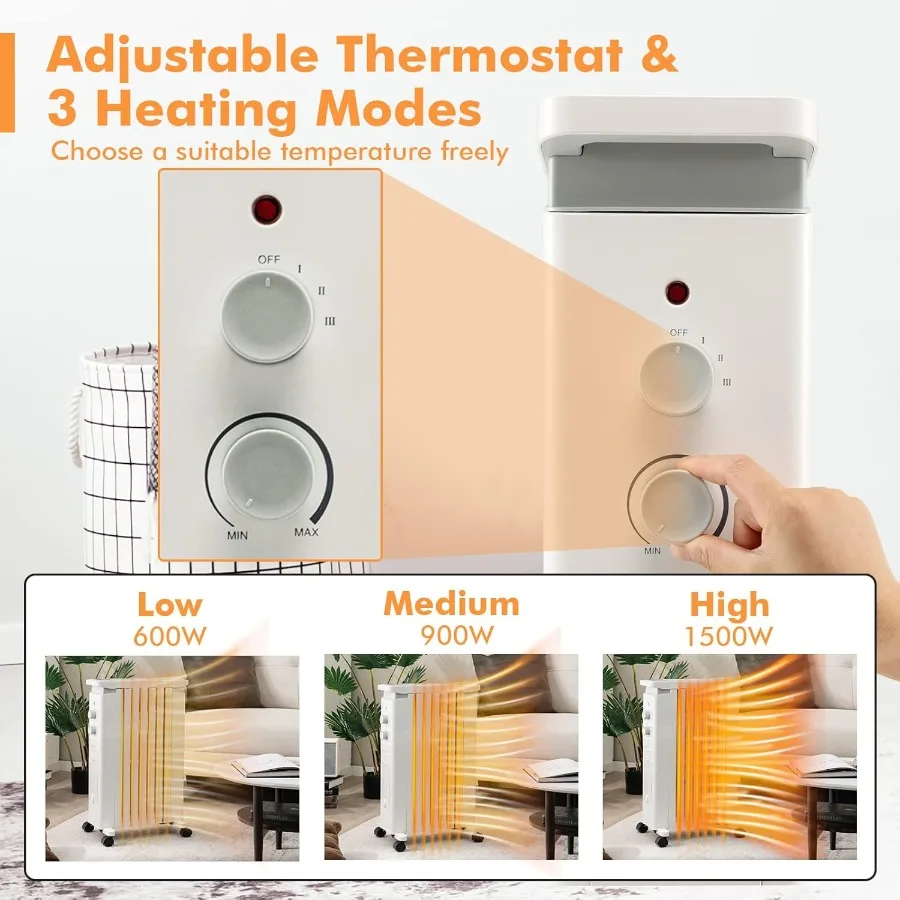 سخان مشعاع مملوء بالزيت 1500 وات سخان مساحة كهربائي مع 3 إعدادات للحرارة ترموستات ارتفاع درجة الحرارة حماية أكثر من رف معلق