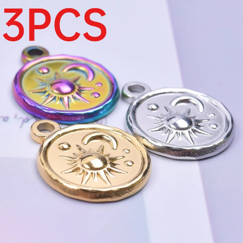 3Pcs Western Sun & Moon Stainless Steel Pendants Vintage Round Coin Charms DIY Jewelry Findings