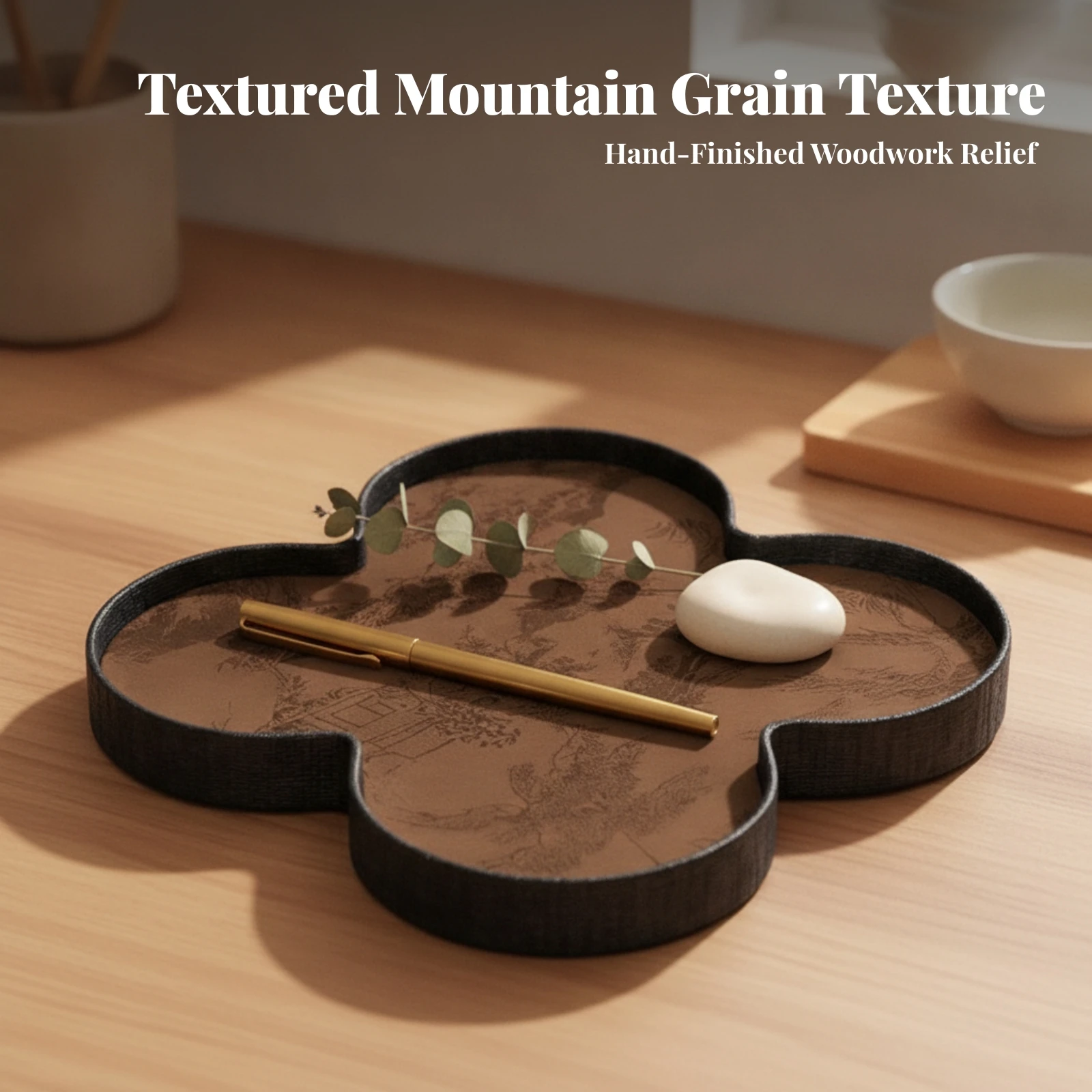 Clover-Shaped Tray Solid Wood Wooden Tray with Raised Rim Serving Dish Textured Textile Serving Platter Shamrock