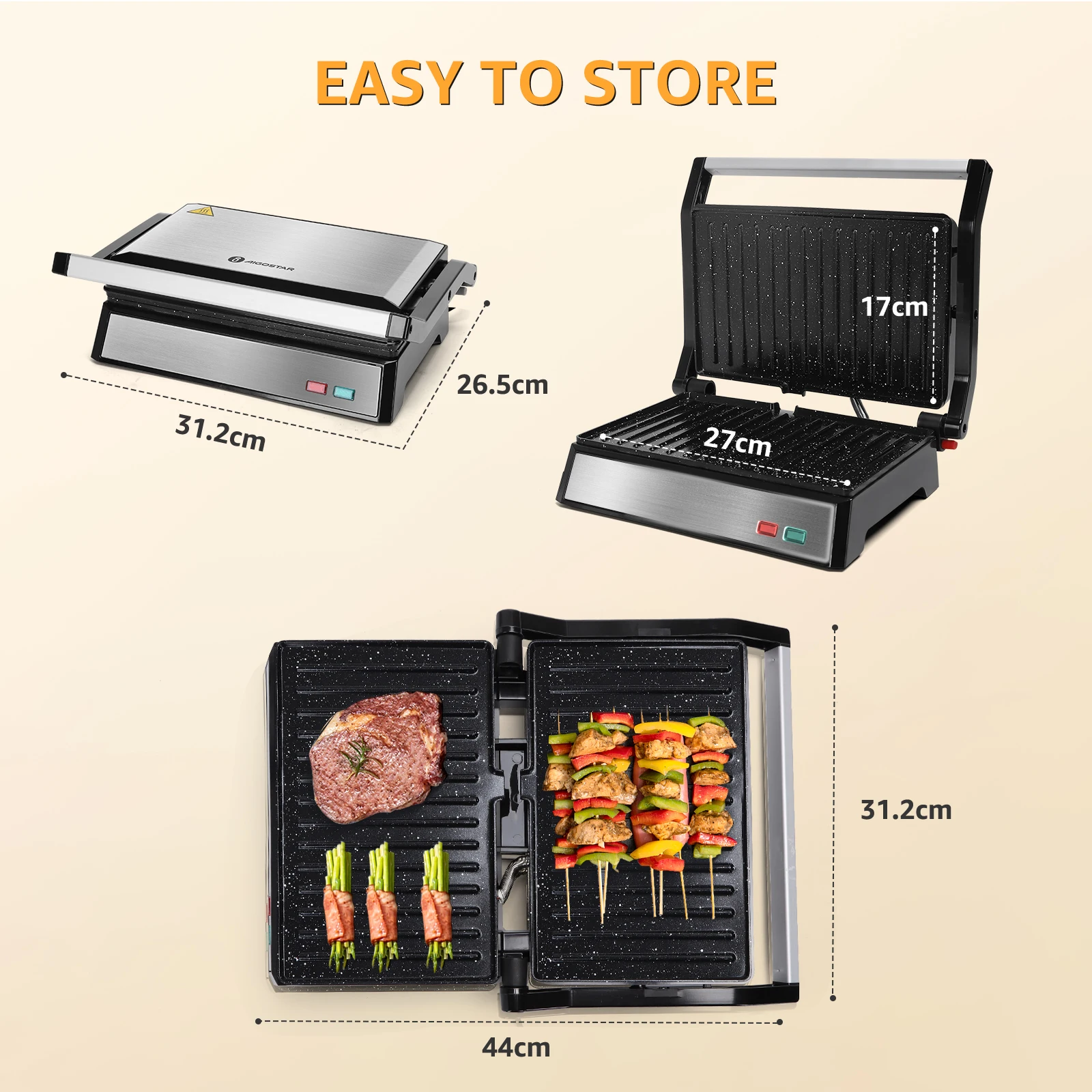 ماكينة شطائر بانيني كهربائية ، محمصة فتح ° ، أطباق غير لاصقة ، 27x17 ، مقبض لمس بارد ، تخزين رأسي ،