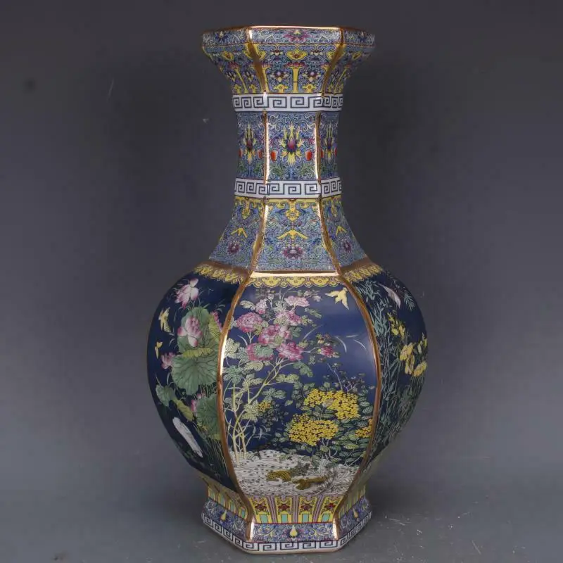 Chinese Blue Enamel Porcelain Qing Qianlong Flowers Birds Design Vase 12.7 Inch