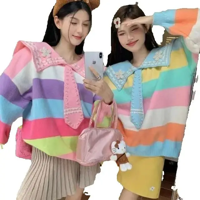 Women Knitwear 2024 Autumn Winter New Sweet Age-Reducing Contrast Color Striped Lazy Loose Doll Sweater