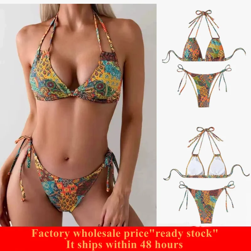 Vrouwen Bikini Pak 2023 Nieuwe Zomer Sexy Bloemen Dubbele Spaghettibandjes Tweedelige Zwemmen Set Dames Badpak