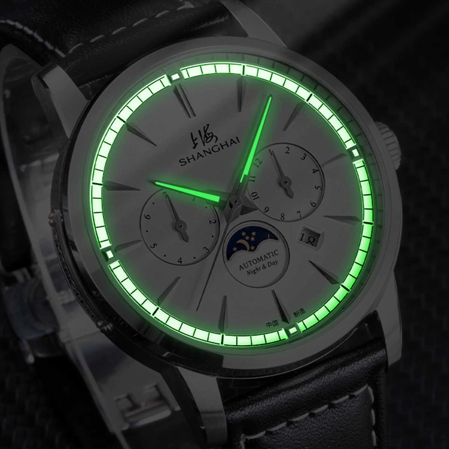 شنغهاي الفاخرة الرجال التلقائي ساعة ميكانيكية القمر المرحلة الأعمال موضة ساعة رجالي التقويم 41 مللي متر الياقوت مقاوم للماء 6025