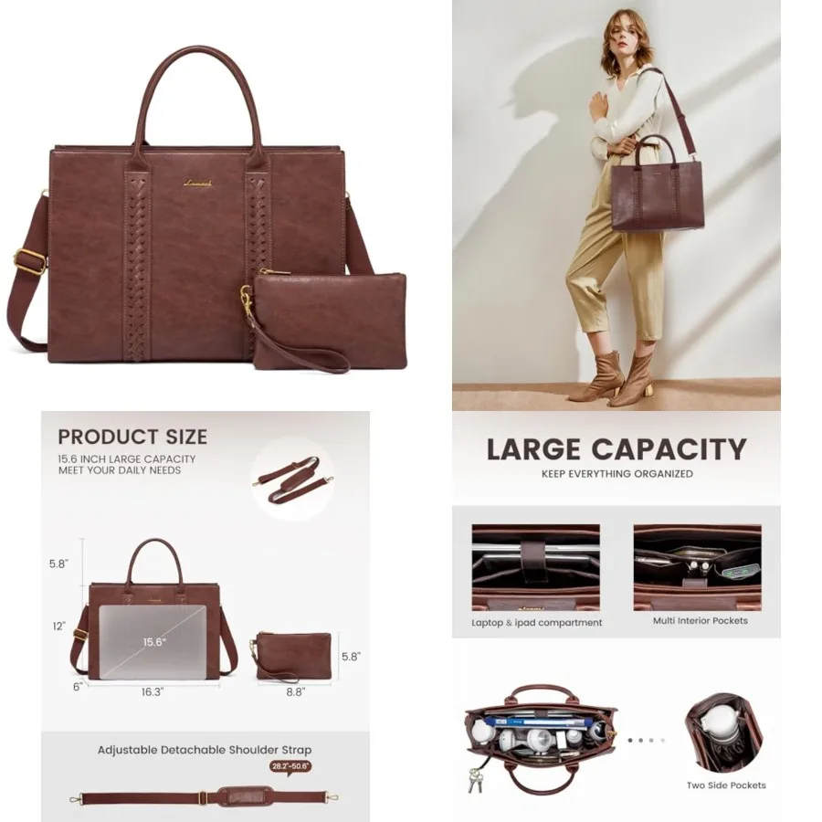 

Laptop Tote Bag for Women, Vintage Leather Work Bags Laptop Bag, Waterproof Professional Computer Bag Busess Office Briefcase L