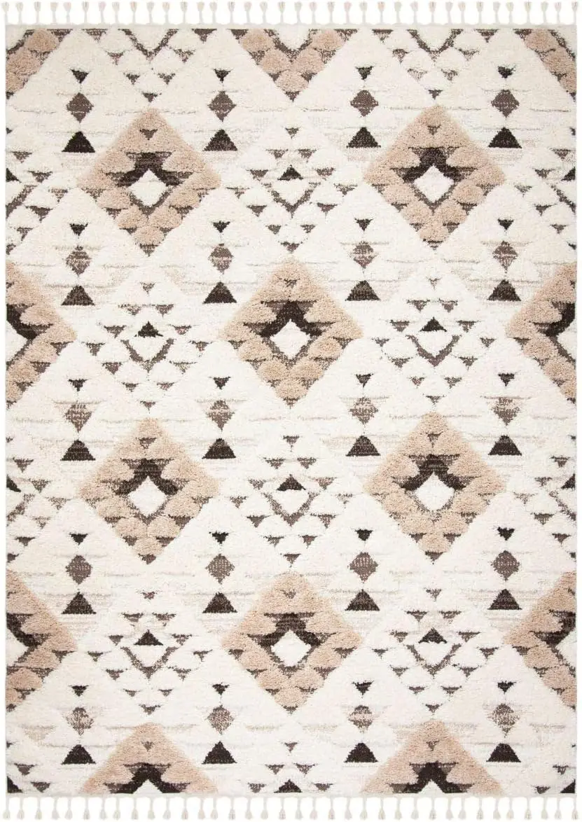 Safavieh Moroccan Tassel Shag Collection Area Rug - 10' X 14', Ivory & Brown, Boho Design, Non-Shedding & Easy Care, 2-Inch