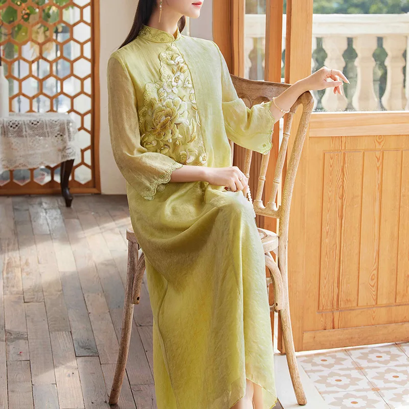 High-end Spring Summer Women Royal Cheongsam Dress Retro Elegant Embroidery A-line Lady Party Qipao Tea Clothing