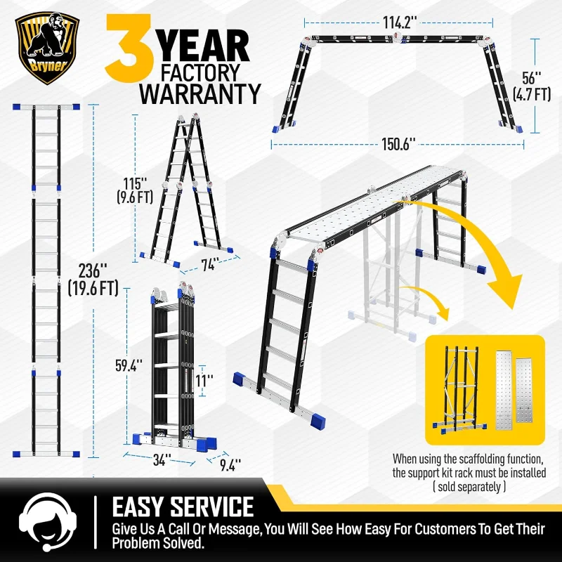 Bryner Step Folding Ladder 19.6ft Multi-Purpose Aluminium Extension Ladders, 7 in 1 Folding Adjustable Telescoping Step Ladder