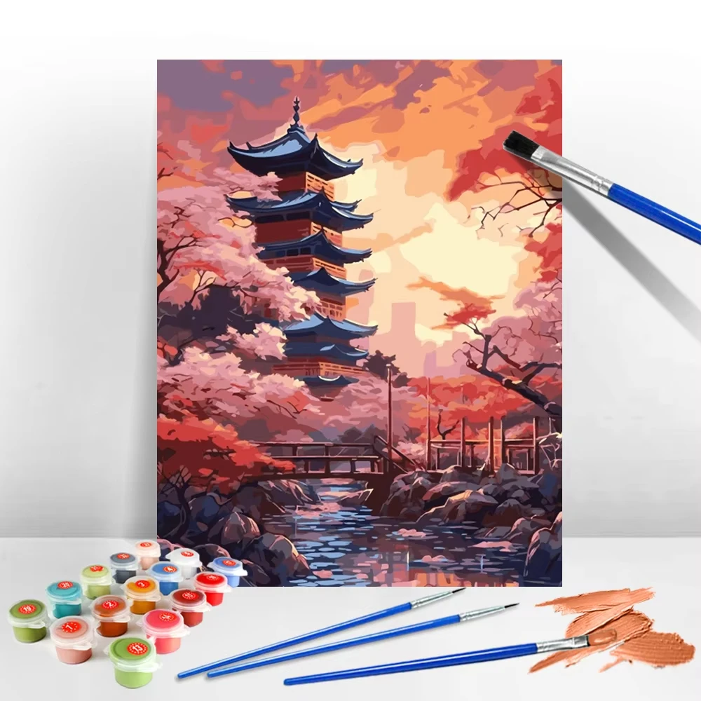 Japanese Lifestyle Movie - Handgeschilderd olieverfschilderij Tempelboom Afbeelding Kunstwerk op