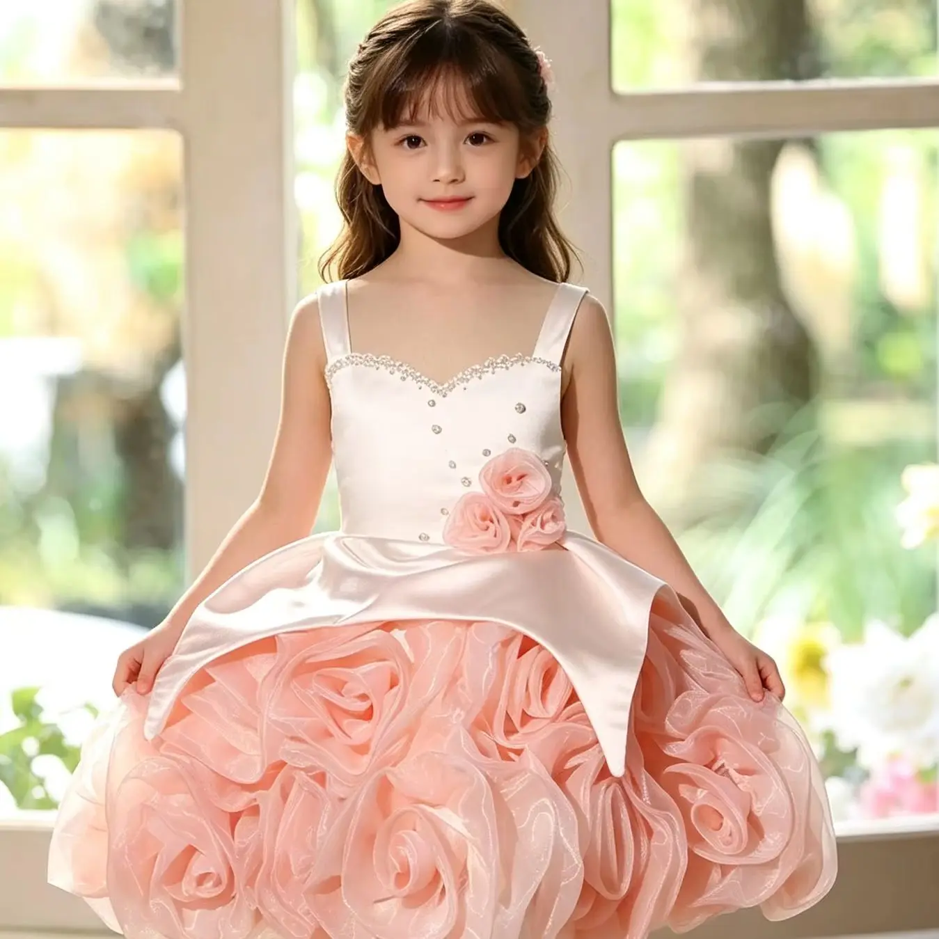 Princess Flower Girl Dresses For Wedding Sleeveless 3D Flowers Puffy Kids Birthday Party Dress First Communion Gown Custom