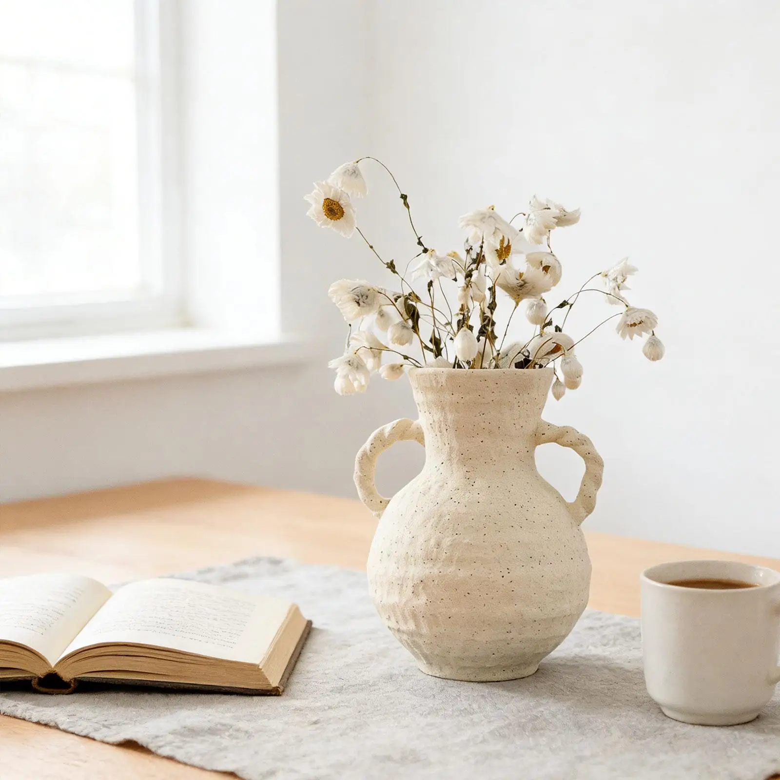 White Ceramic Jug Vase with Handle Elegant Decorative Flower Pot for Living Room and Table Setting