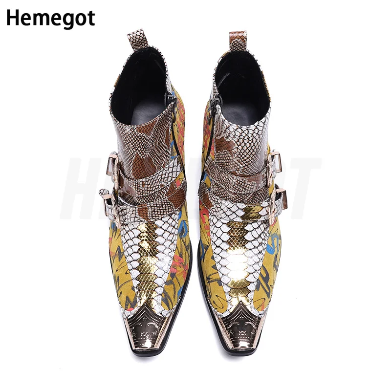 Pointed Toe Golden Snake Pattern Boots Men\'s Boots Trendy High-Heeled Men\'s Banquet Leisurely Leather Boots Euro Size 37-48