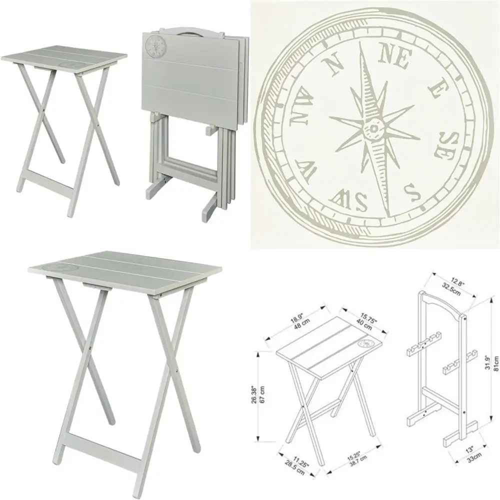 

Riverbay Furniture 5-Piece Compass Print TV Stand Set with Light Gray Wood Folding Tray Tables