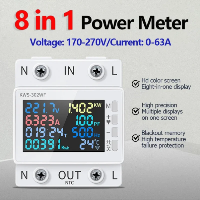 

170-270V/63A Power Meter 8in1 Color Screen Multi-function AC Energy Power Voltmeter Voltage Amps Watt Kwh Meter Remotely Control