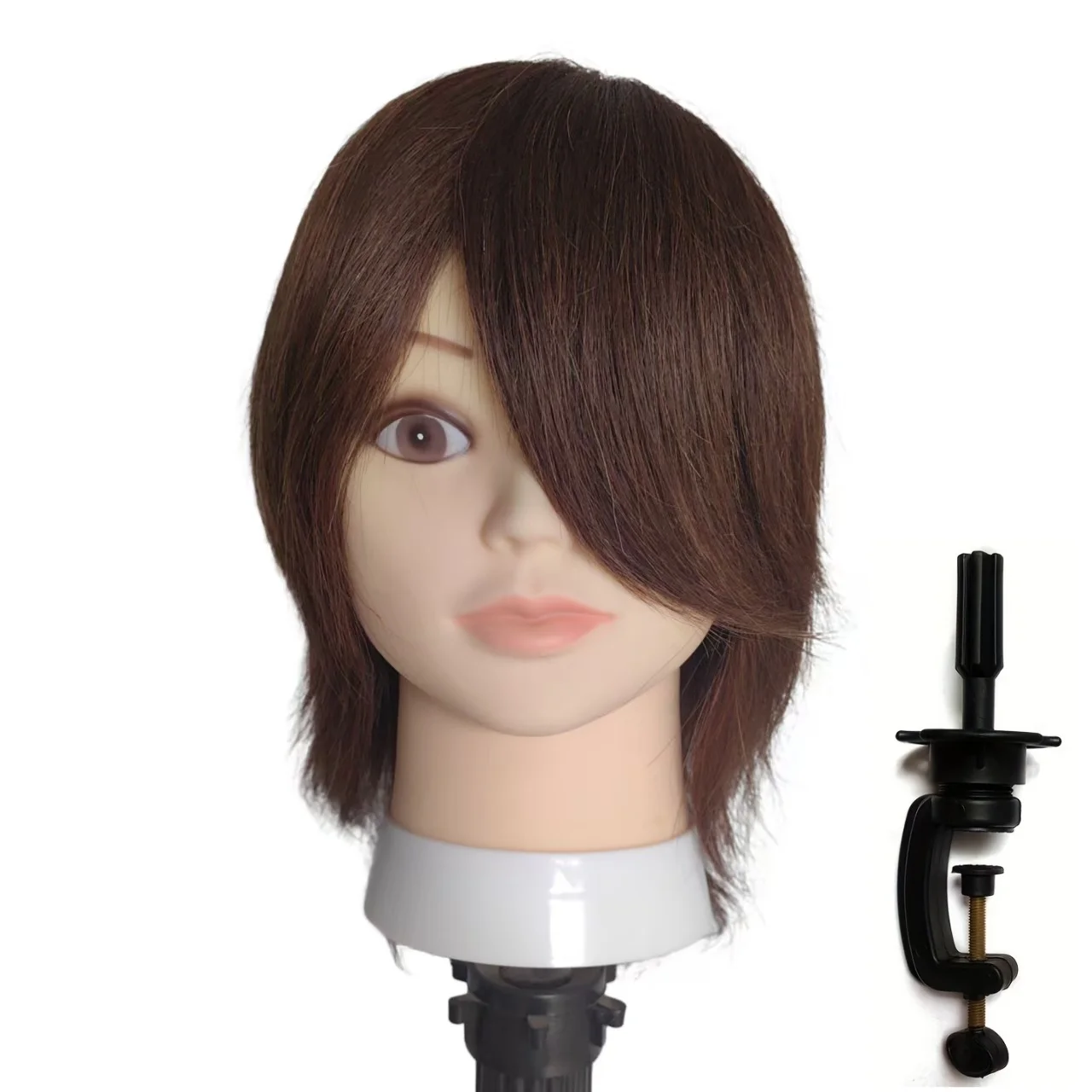 8-Inch Full-Human Hair Practice Head Model for Beginners Short Haircut Training Tool Hairdressing Practice Tool