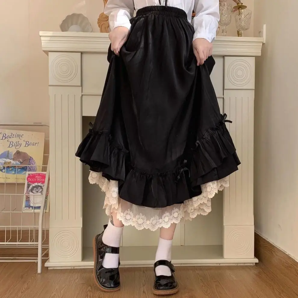 Koreanischer Stil, schwarz-weißer Halbrock, langer Rock für Damen, japanischer, einfarbiger, doppellagiger, Vintage-Rock im französischen Stil mit Rüschen, A-Linien-Schnitt. – Detail 3