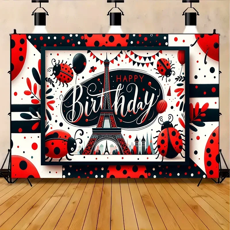 1pc Paris Ladybug Polyester Birthday Banner, 8x6 feet multi-color room decoration - view 5