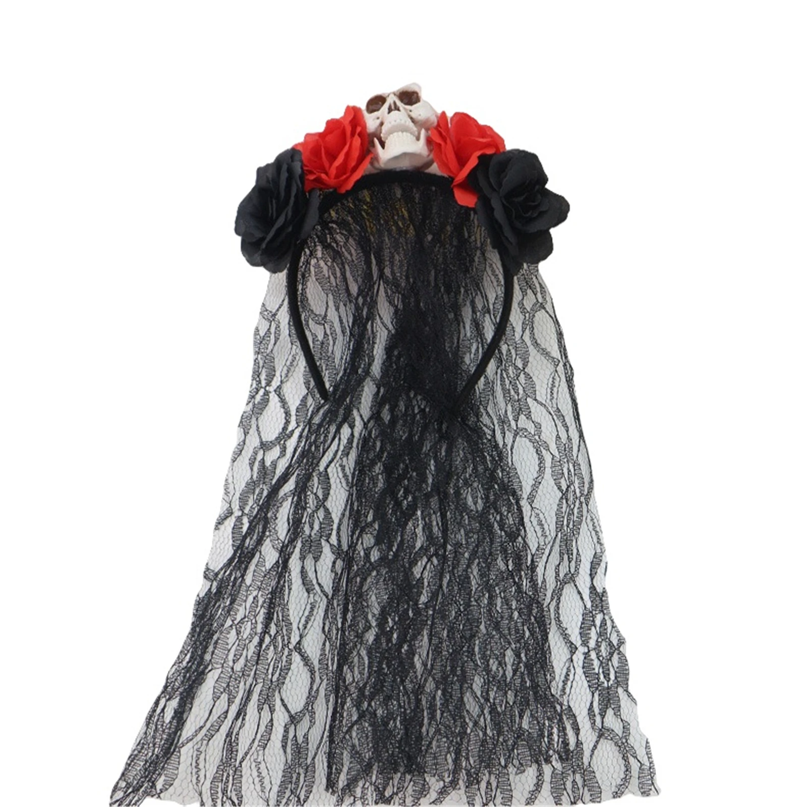 

Новинка 2023 года, женская повязка на голову с черепом и розой на Хэллоуин, готическая черная кружевная повязка на голову с цветком, аксессуары для косплея, вуаль ужаса